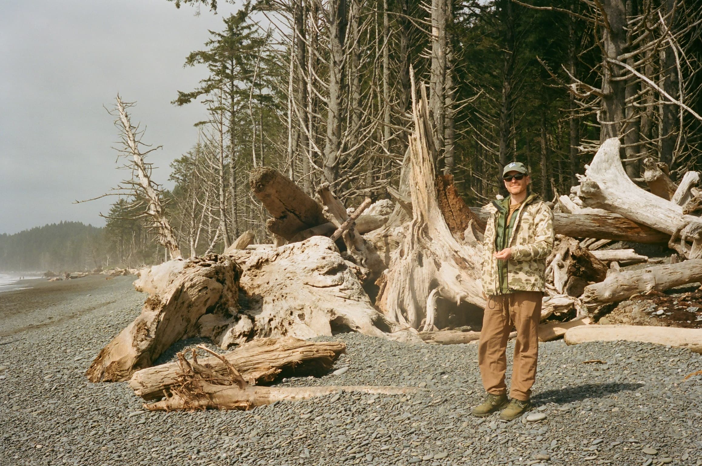 Charles Beaman standing among driftwood on a forested beach