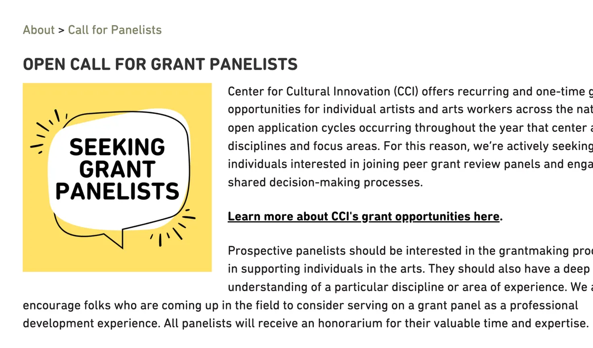 Open Call for Grant Panelists by Center for Cultural Innovation